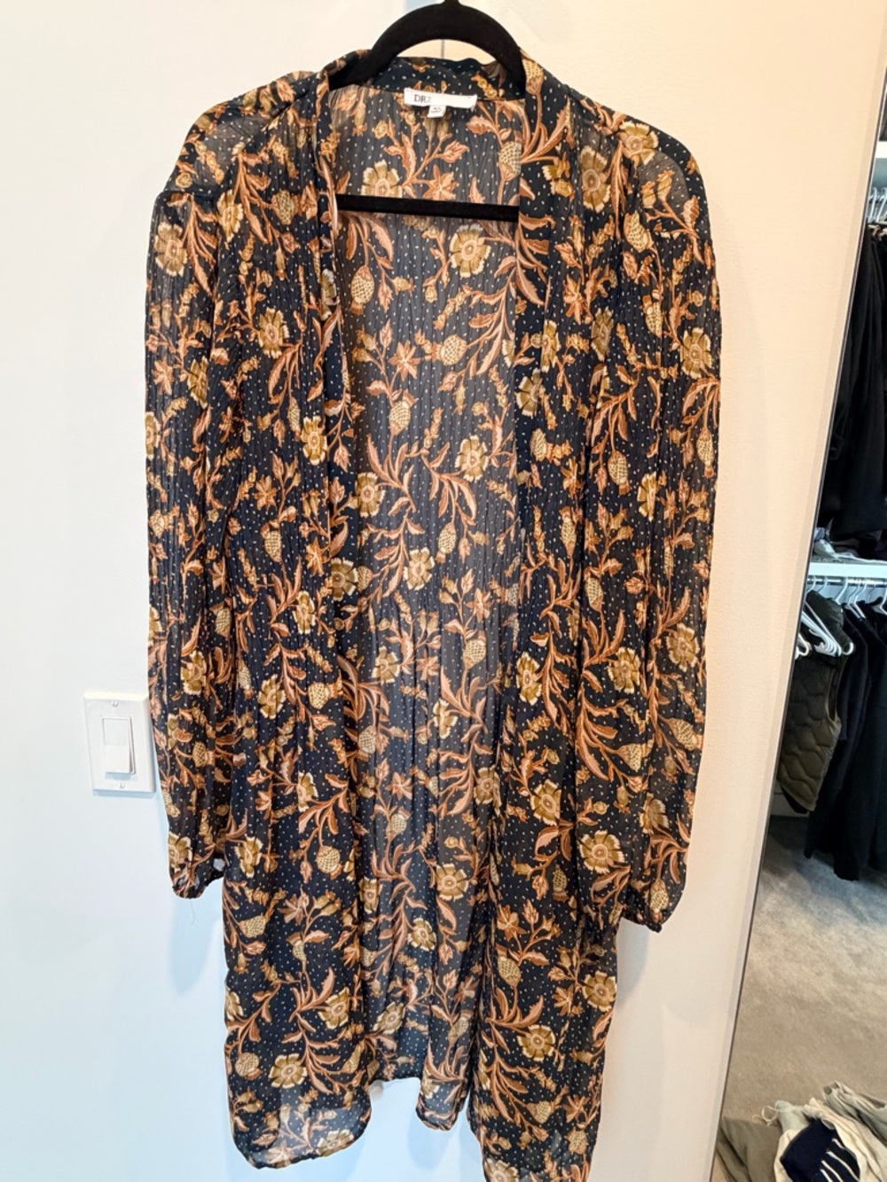 DR2 Black Floral Long Sheer Duster with Gold-Tan Print